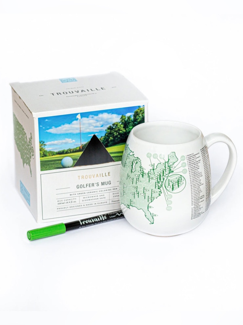 BRAND NEW! Golfer's Mug in Green - Ceramic Golf Map Mug, TROUVAILLE